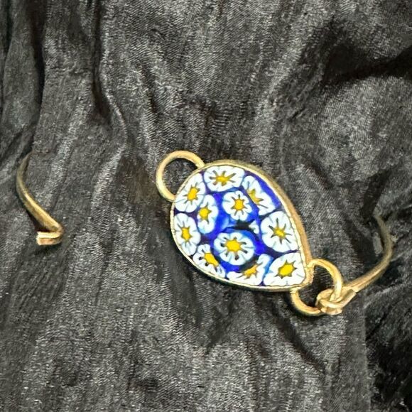 Blue Floral Mille Fiori Enamel and Gold tone Bracelet Bangle - Picture 11 of 13